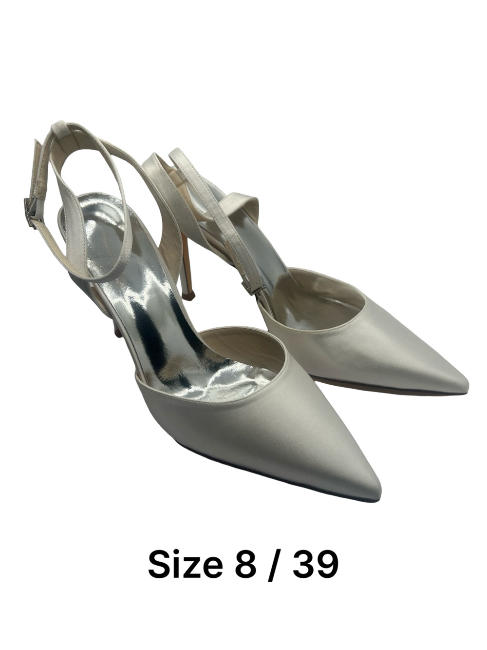Satin Pointed Toe Ankle Strap Stiletto Pumps in Ivory